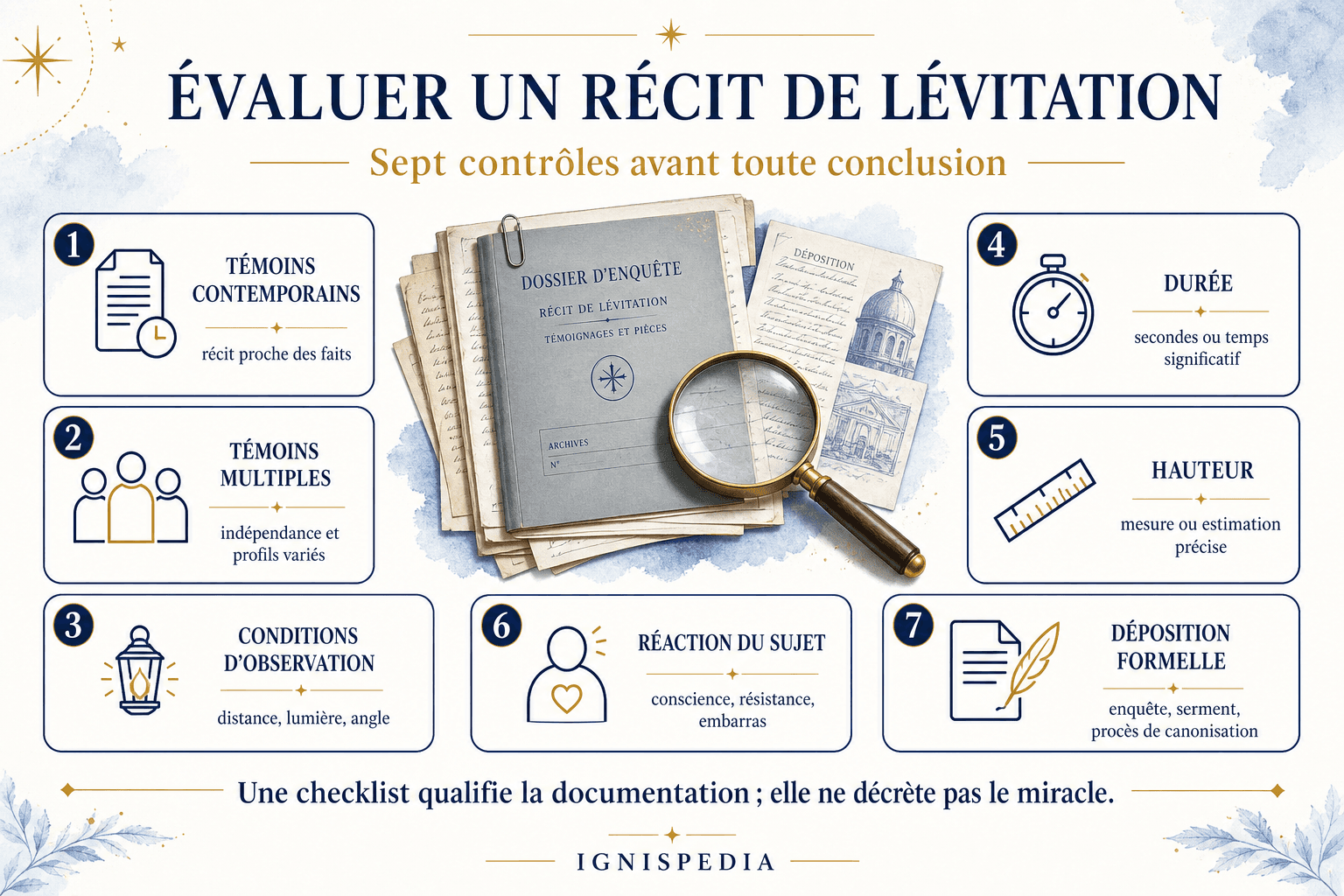 Checklist visuelle de sept critères pour discerner un récit de lévitation