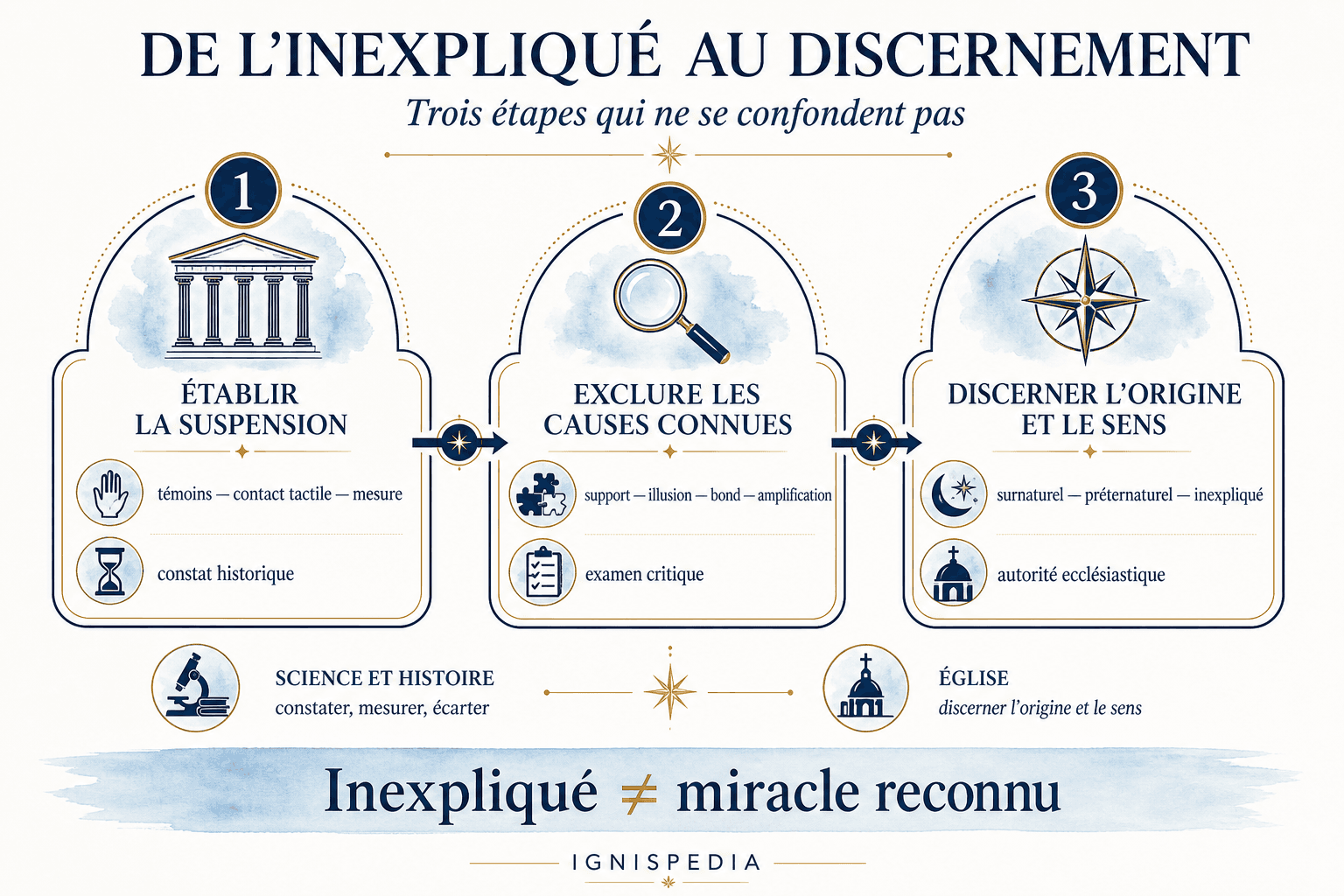 Infographie des trois étapes du discernement d'un récit de lévitation
