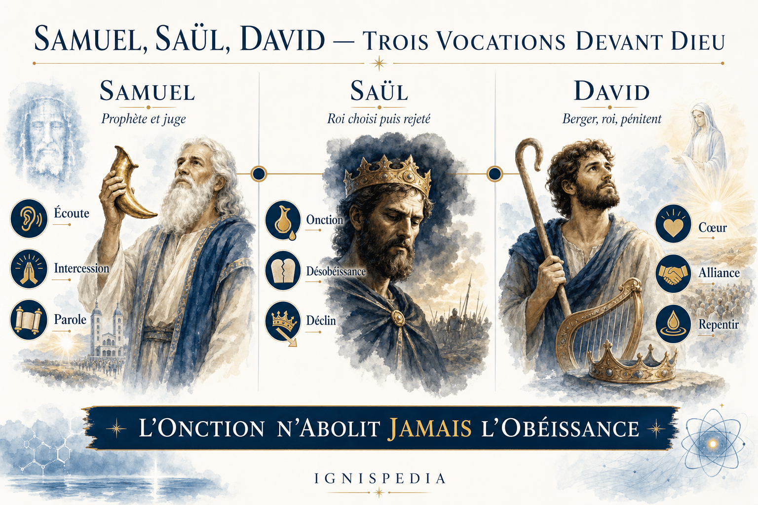 Infografik zum Vergleich der drei Gestalten der Bücher Samuel: Samuel der Prophet-Richter, Saul der verworfene König, David der König nach dem Herzen Gottes.