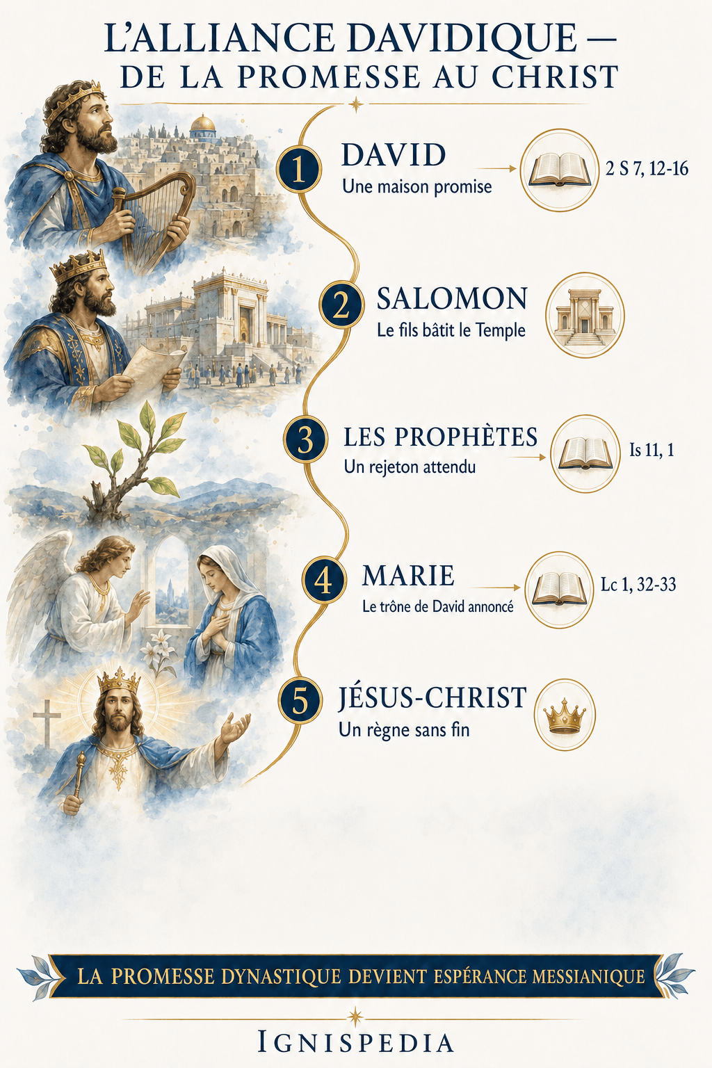 Typologische Infografik, die den davidischen Bund aus 2 Samuel 7 mit seiner Erfüllung in Christus, dem Sohn Davids, durch die Verkündigung des Engels Gabriel in Lukas 1 verbindet.