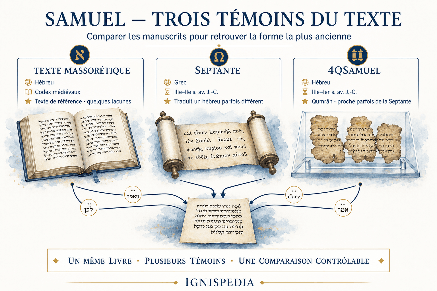 Infografik zum Vergleich der drei großen Textzeugen der Samuelbücher: masoretischer Text, griechische Septuaginta und Qumran-Handschriften 4QSamuel.
