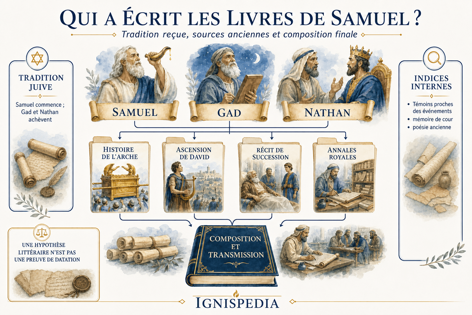 Infografik zur traditionellen Zuschreibung an Samuel, Gad und Nathan, zu den alten Erzählblöcken und zur endgültigen Abfassung.