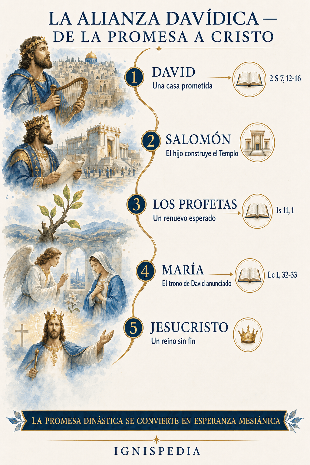 Infografía tipológica que relaciona la alianza davídica de 2 Samuel 7 con su cumplimiento en Cristo, hijo de David, por el anuncio del ángel Gabriel en Lucas 1.