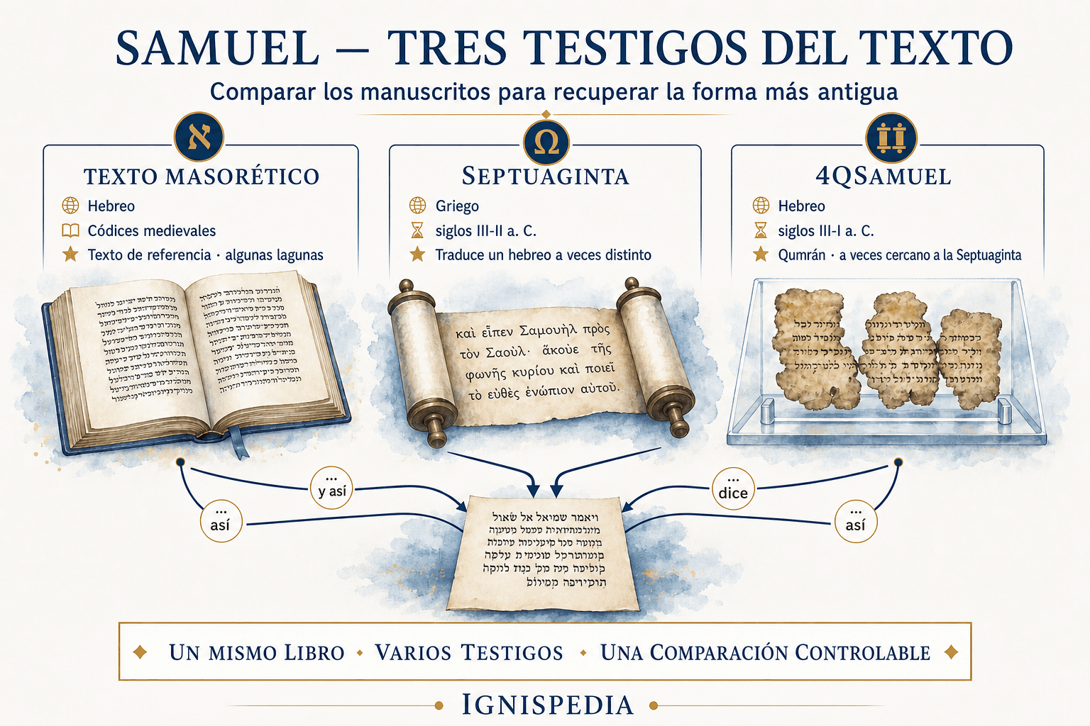 Infografía comparando los tres grandes testigos del texto de los libros de Samuel: texto masorético, Septuaginta griega y manuscritos de Qumrán 4QSamuel.