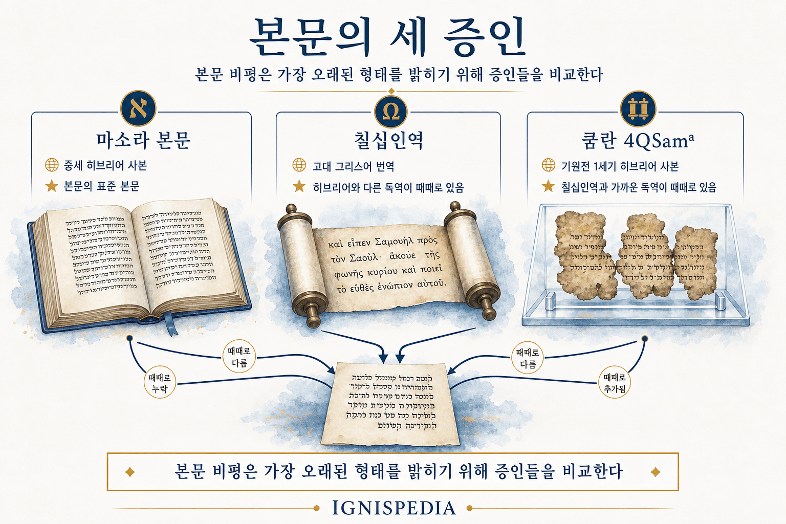 사무엘기 본문의 세 주요 증인: 마소라 본문, 그리스어 칠십인역, 쿰란 4QSamuel 사본을 비교한 인포그래픽.
