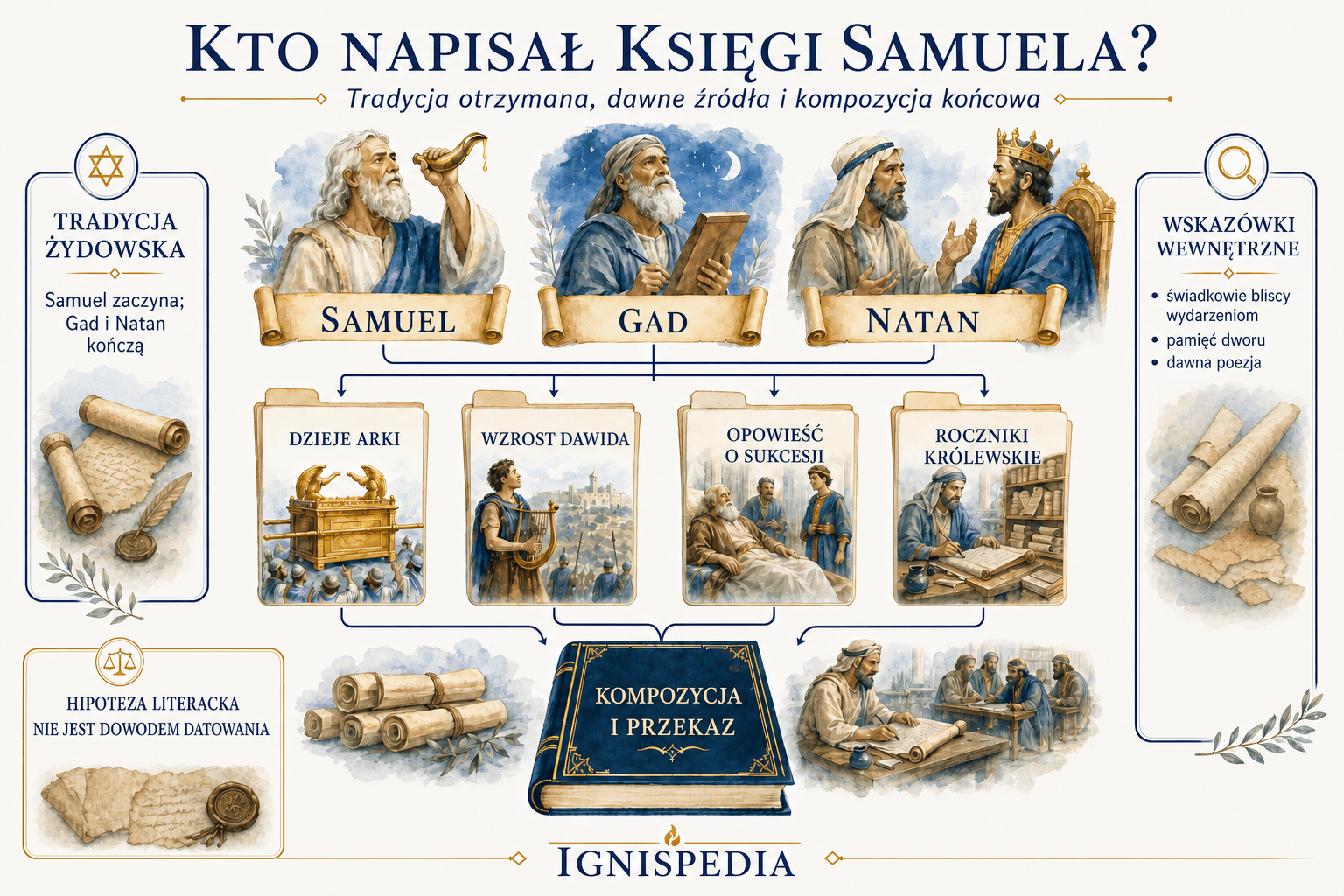 Infografika przedstawiająca tradycyjne przypisanie autorstwa Samuelowi, Gadowi i Natanowi, stare bloki narracyjne i ostateczną kompozycję.