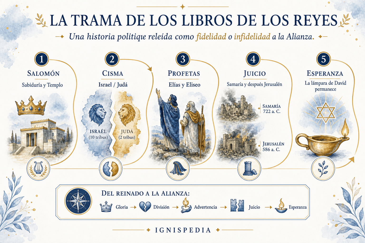 Infografía que resume la trama de los libros de los Reyes: Salomón, cisma, profetas, juicio, esperanza