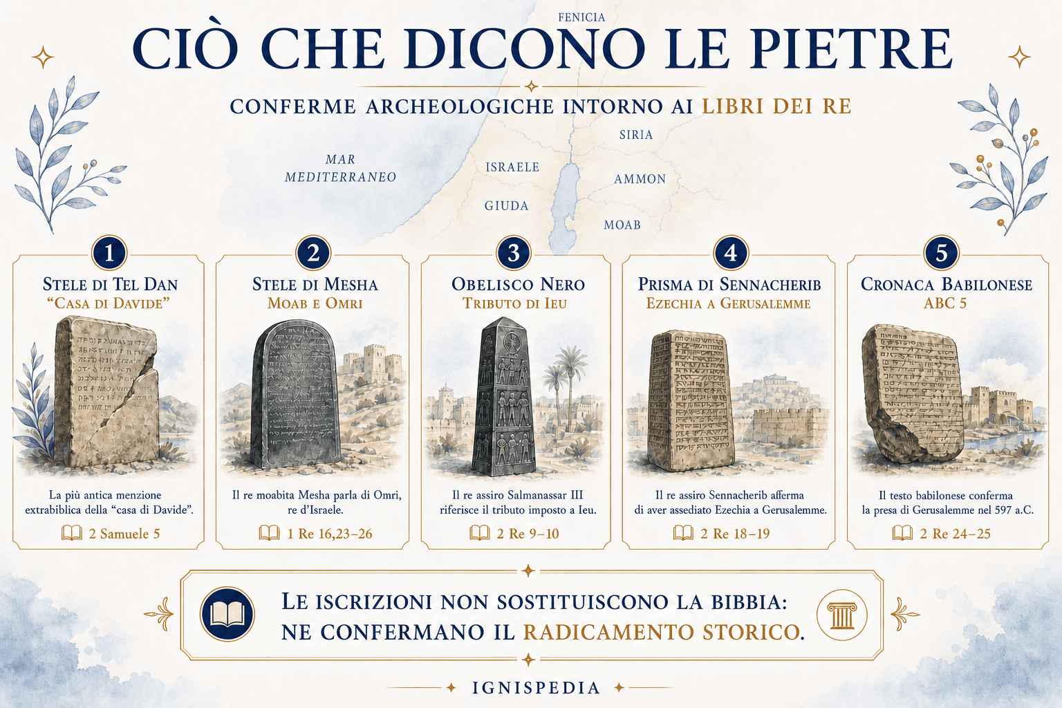 Infografica che riassume le conferme archeologiche dei libri dei Re: stele di Tel Dan e Mesha, obelisco di Iehu, prisma di Sennacherib, Cronaca babilonese