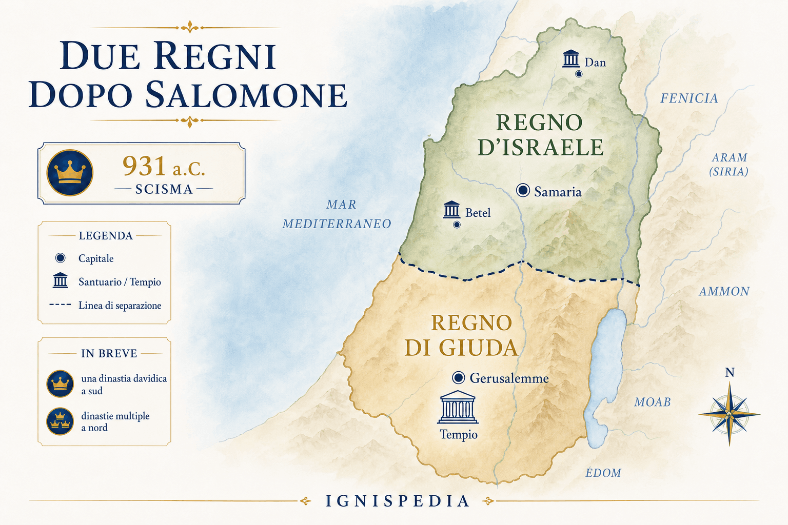 Carta del regno diviso: Israele a nord con capitale Samaria, Giuda a sud con Gerusalemme