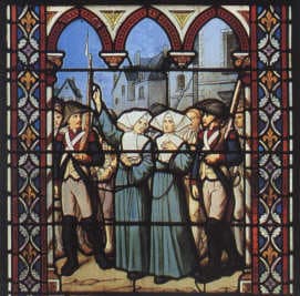 Stained-glass window of the Champ des Martyrs in Avrillé showing two nuns being led to execution