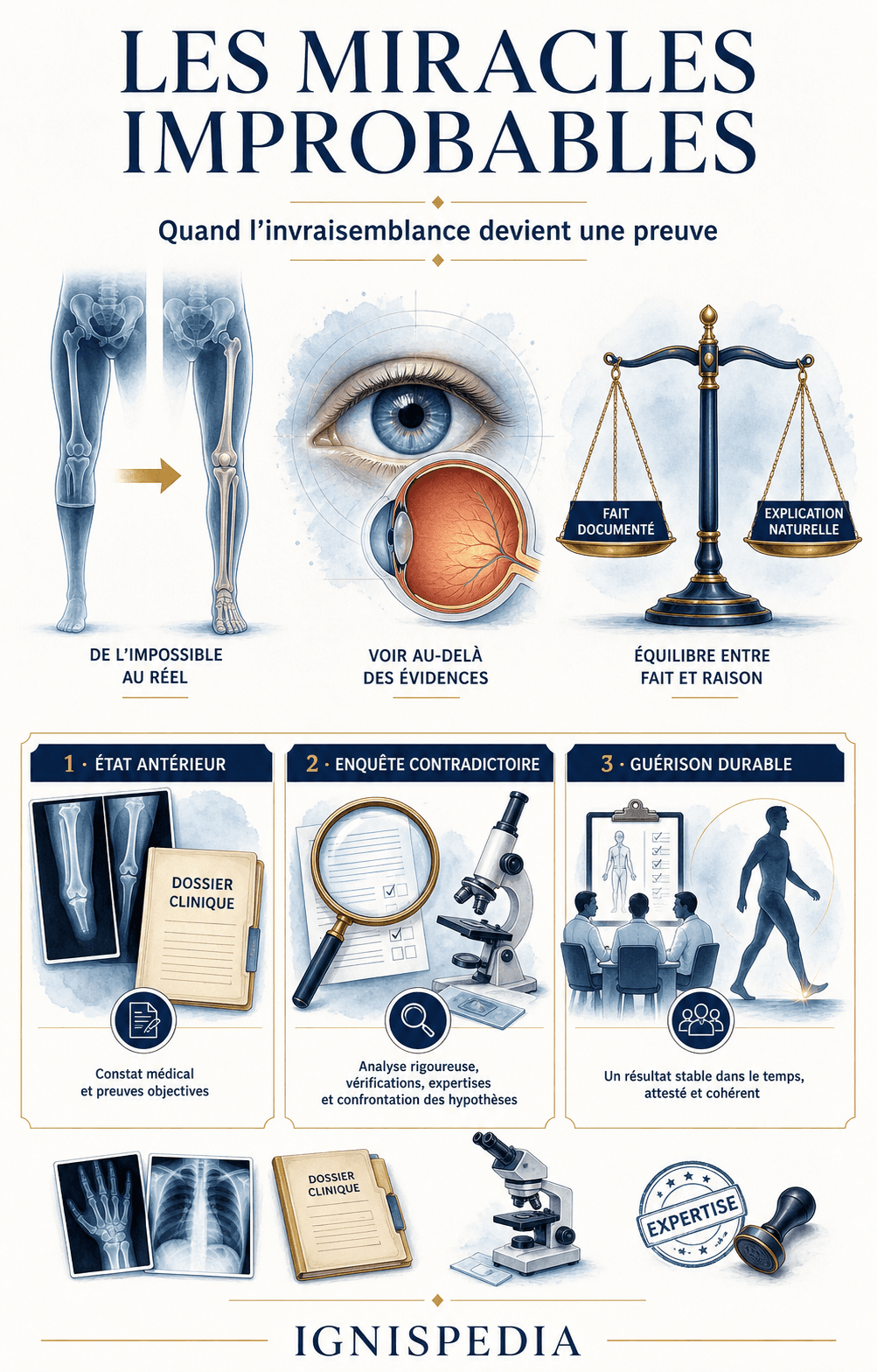 Synthèse visuelle des miracles improbables : membre restitué, vision retrouvée et enquête contradictoire