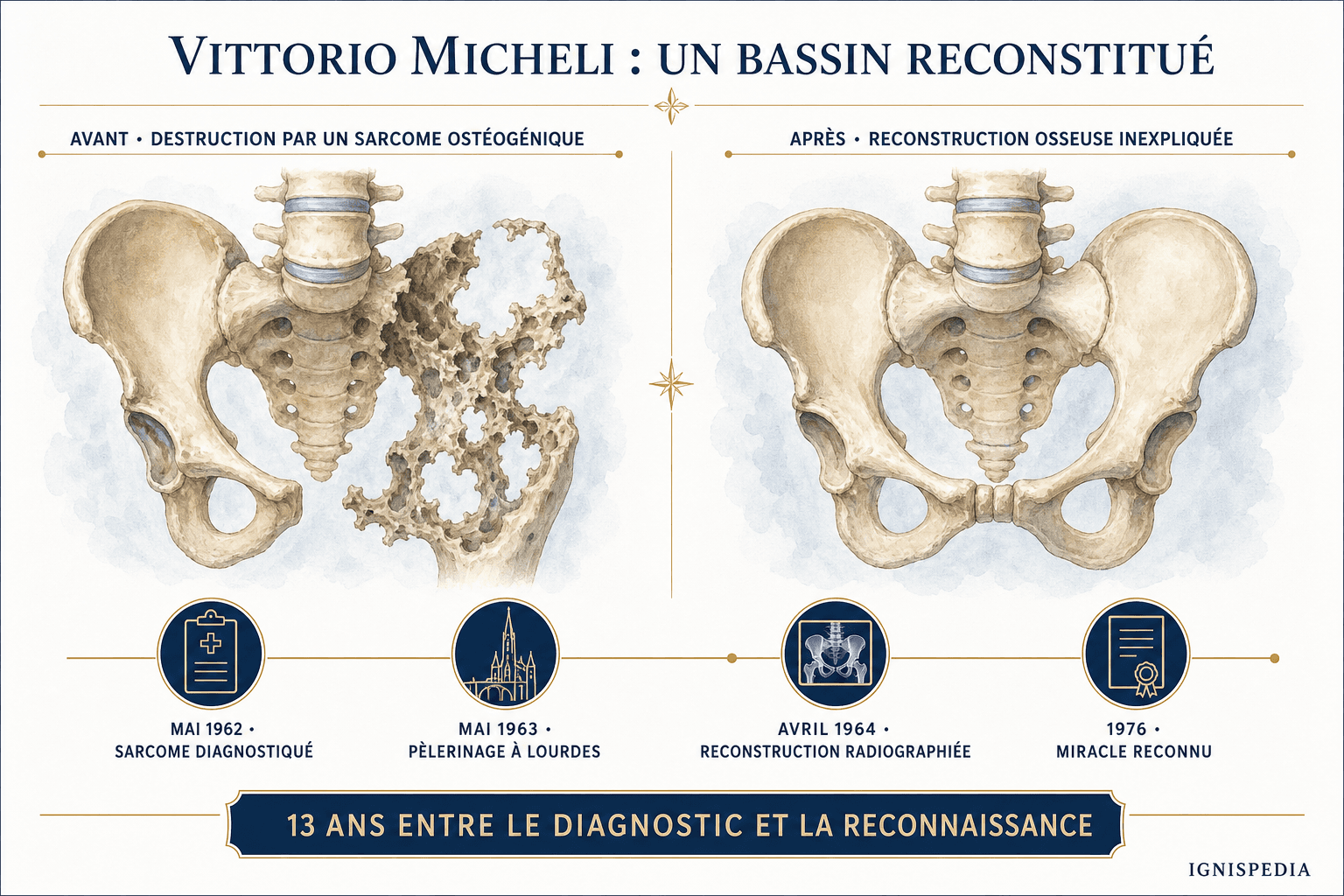 Comparaison anatomique et chronologie du bassin détruit puis reconstitué de Vittorio Micheli