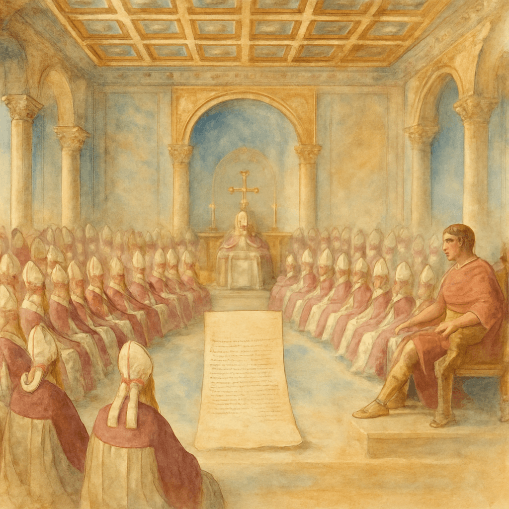 Ignispedia-Illustration des Ersten Konzils von Nicäa, maßgebliche Referenz für den trinitarischen und christologischen Glauben