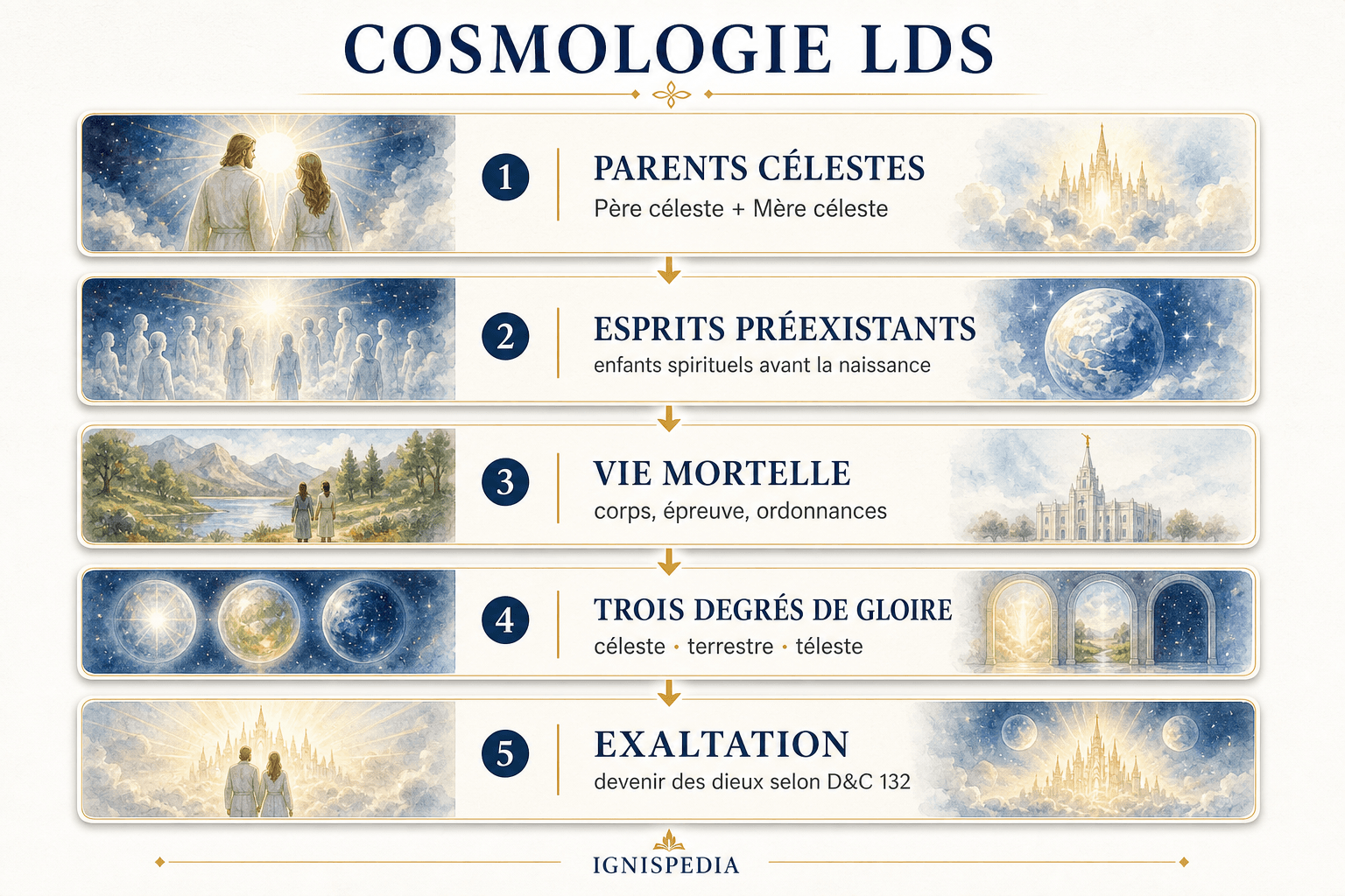 Infographie résumant la cosmologie mormone : parents célestes, esprits préexistants, vie mortelle, trois degrés de gloire et exaltation