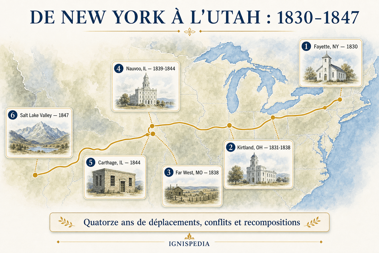 Carte infographique des étapes du mormonisme primitif de New York à l'Utah entre 1830 et 1847
