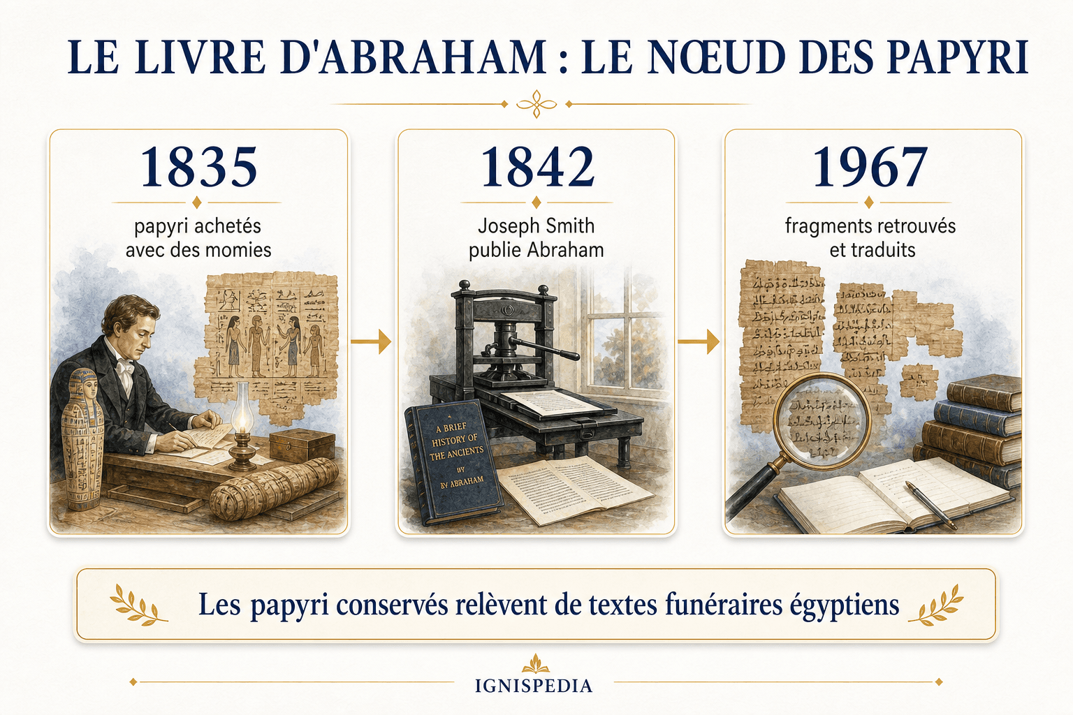 Infographie sur le Livre d'Abraham, les papyri achetés en 1835, la publication de 1842 et les fragments retrouvés en 1967