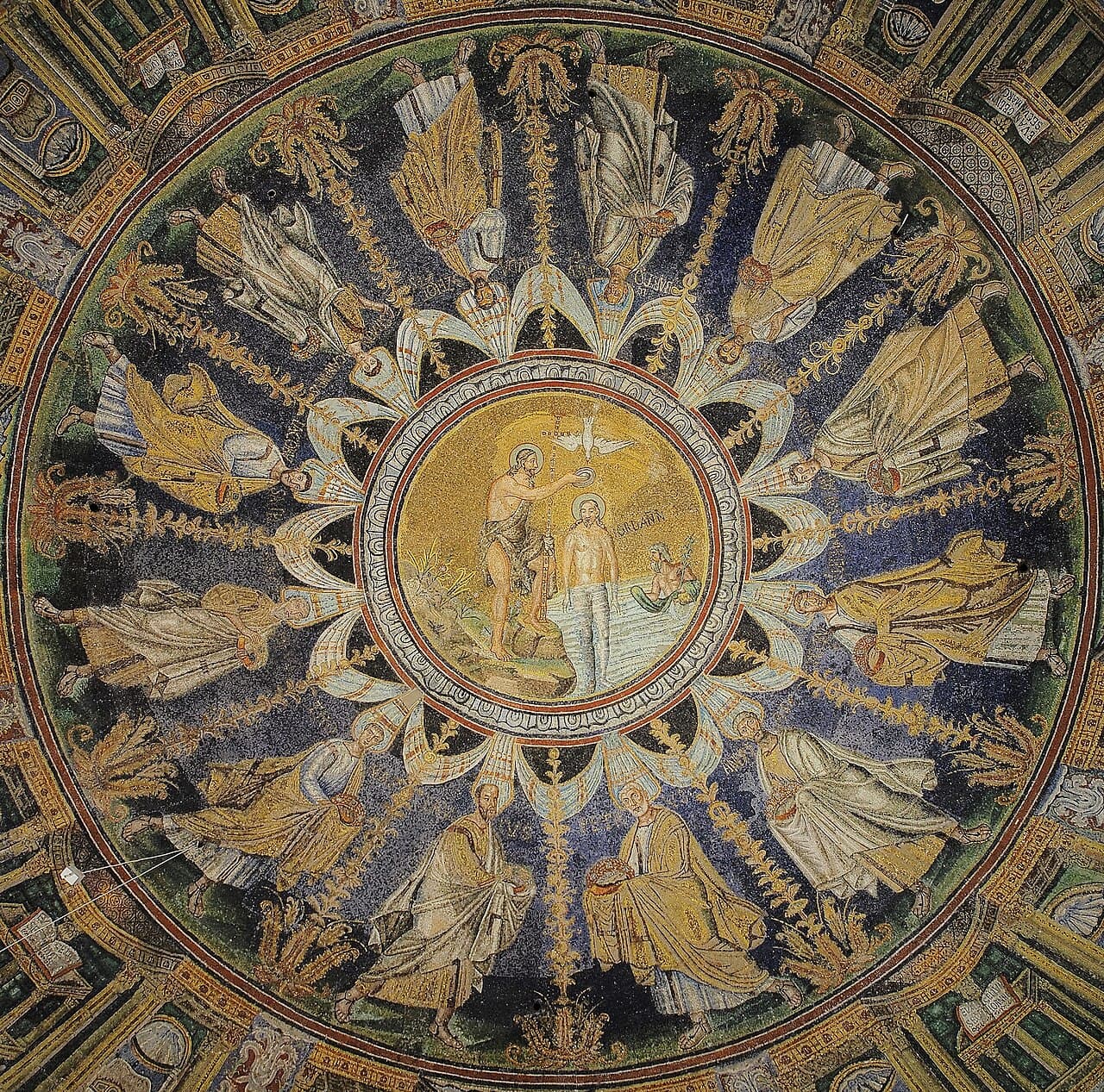 The Baptism of Christ surrounded by the apostles in the Neonian Baptistery