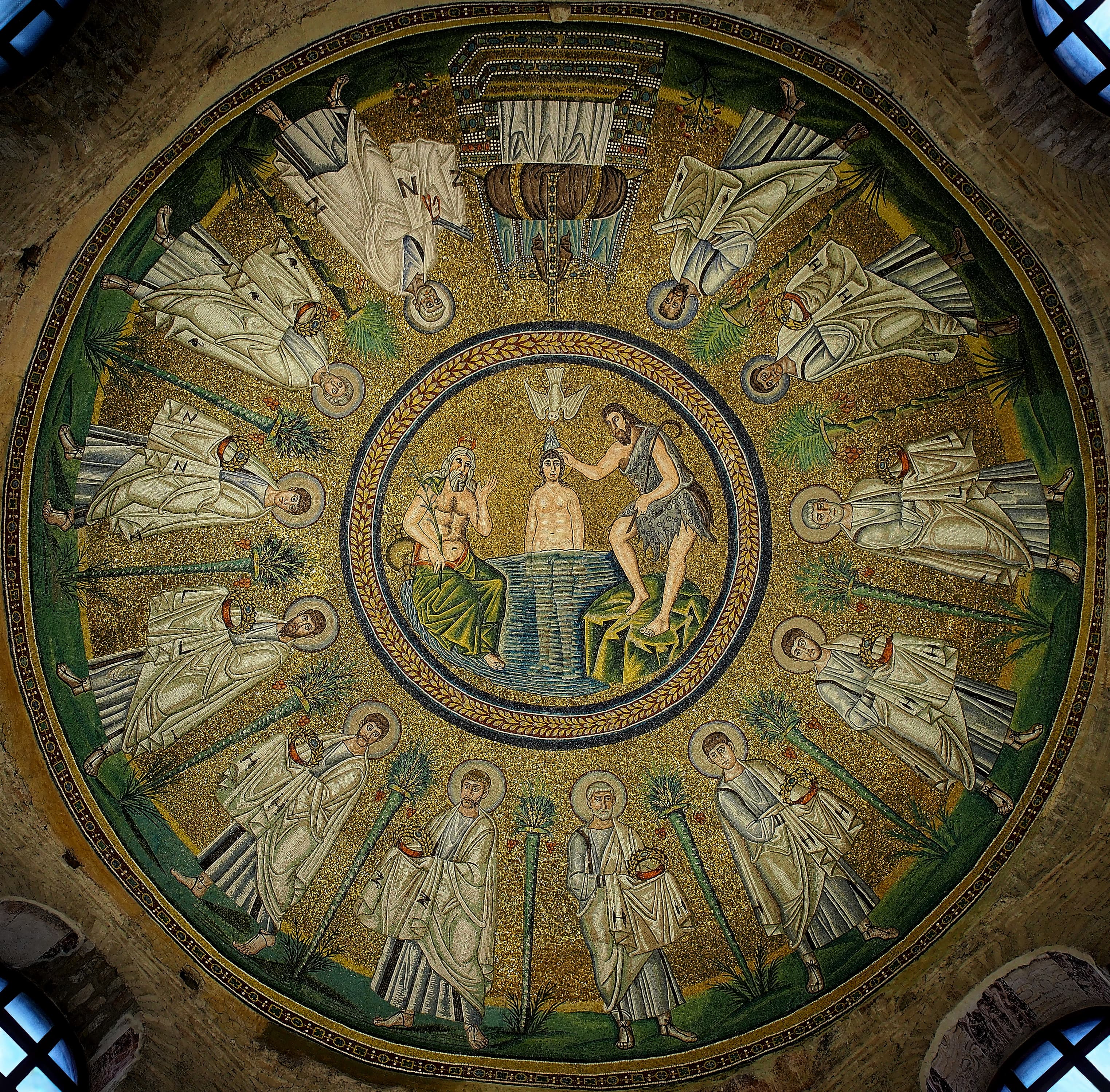 The Baptism of Christ surrounded by the apostles, dome of the Arian Baptistery