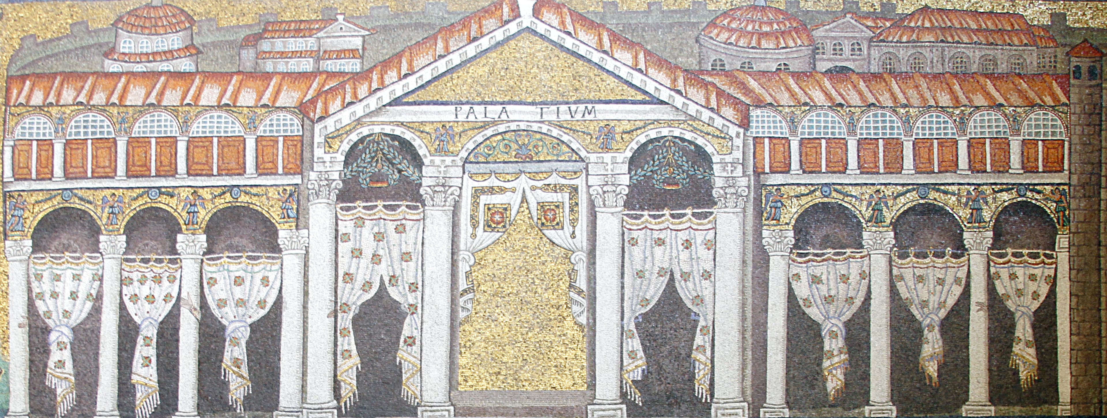The palace of Theodoric in Sant'Apollinare Nuovo; on the columns remain the hands of the erased figures