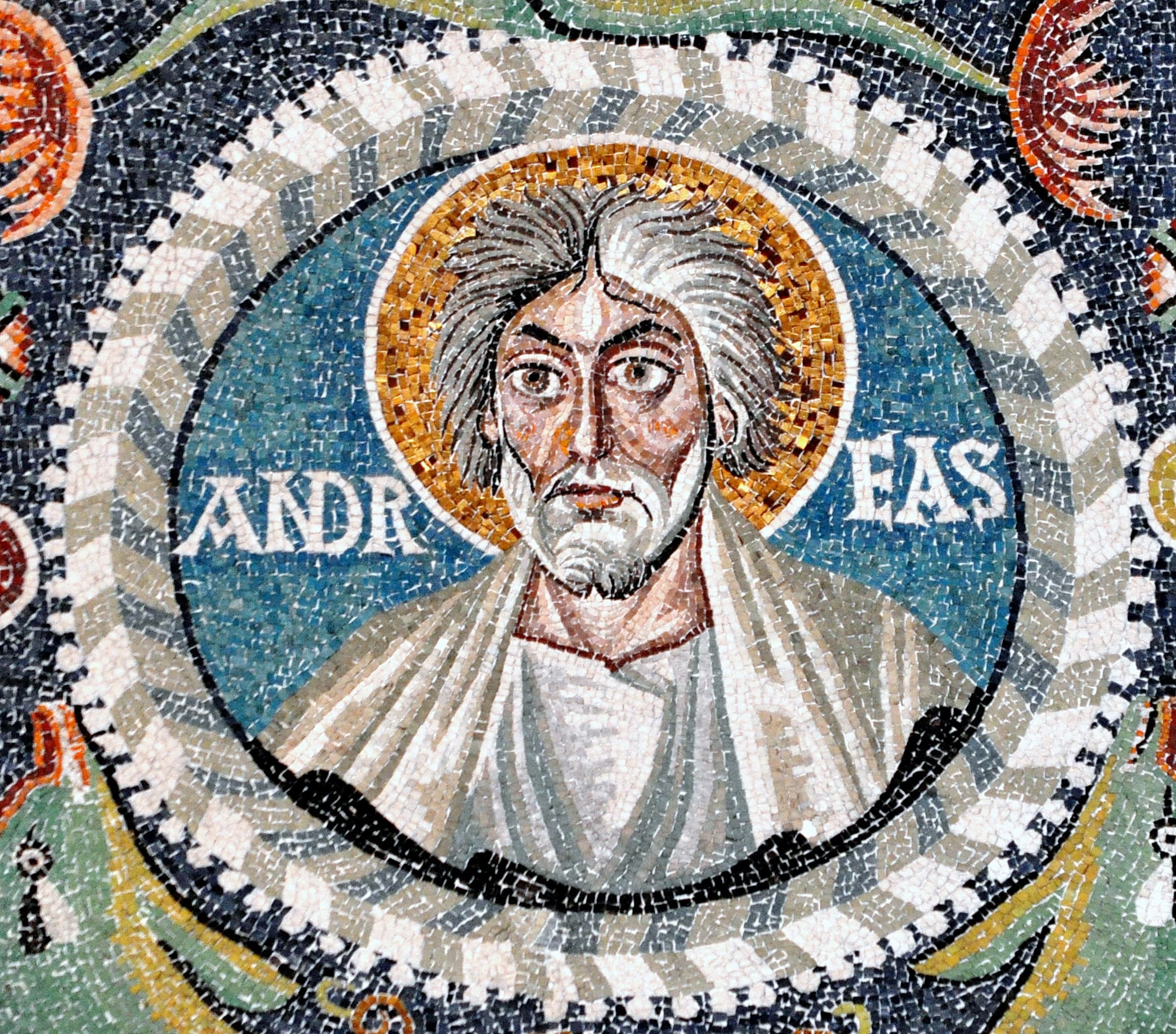 Detail of the mosaic of Saint Andrew on the triumphal arch of San Vitale: every tessera can be seen