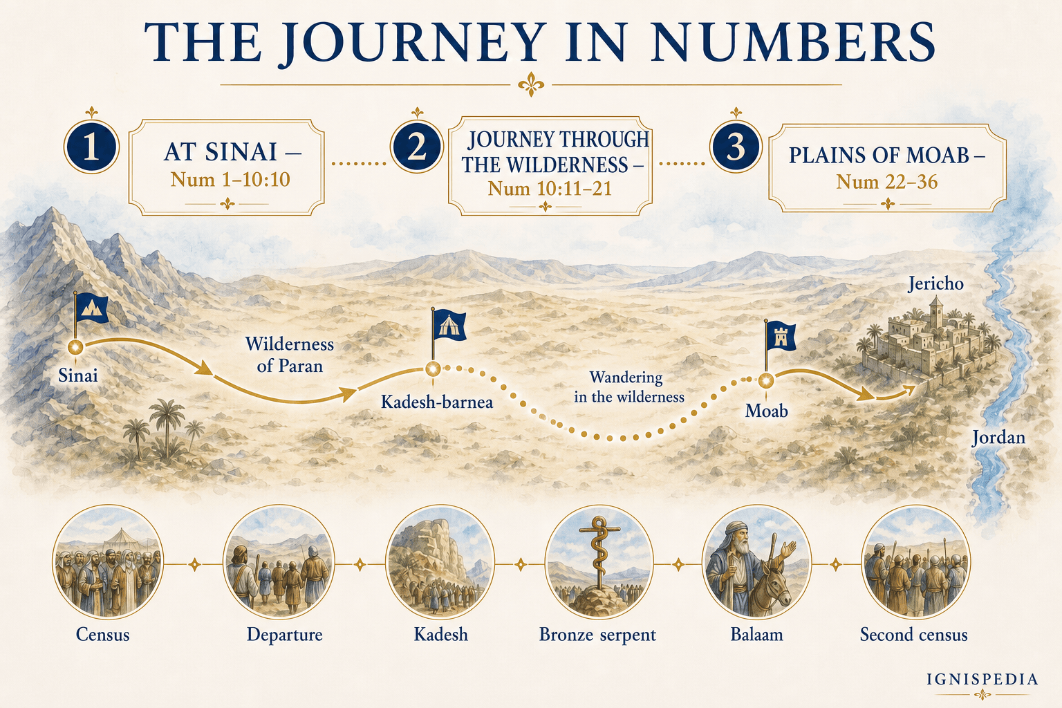 Infographic map of the journey in the Book of Numbers from Sinai to the plains of Moab