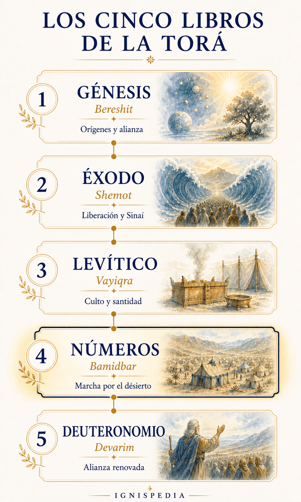 Infografía de los cinco libros de la Torá con el libro de los Números destacado