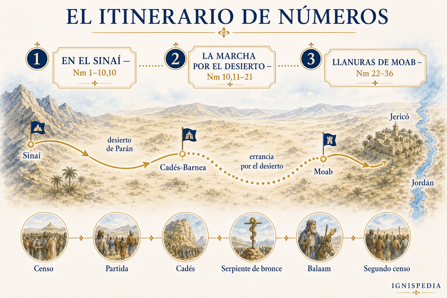 Mapa infográfico del itinerario del libro de los Números desde el Sinaí hasta las llanuras de Moab
