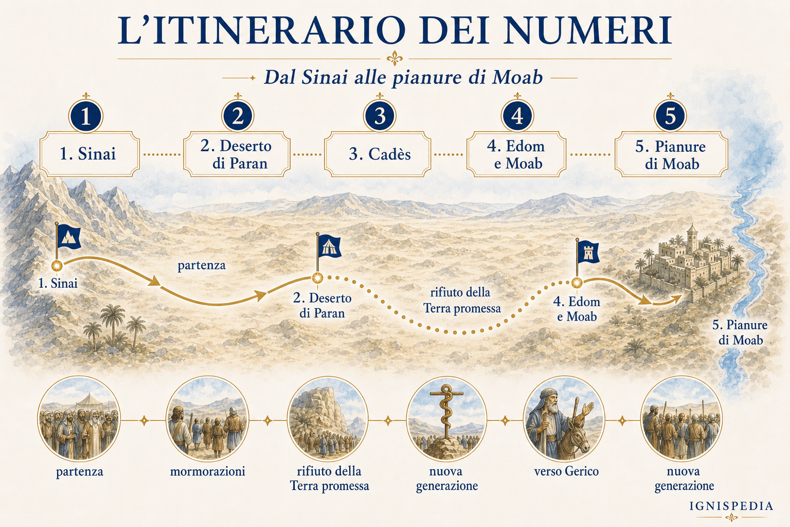Mappa infografica dell'itinerario del libro dei Numeri dal Sinai alle pianure di Moab