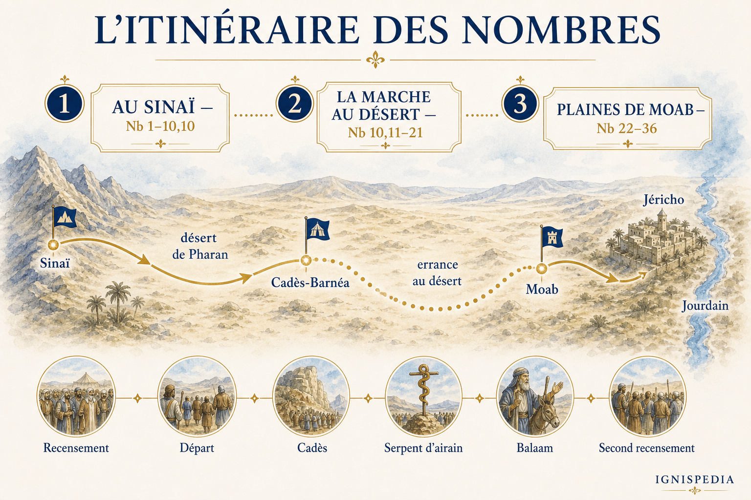 Mapa infográfico do itinerário do livro dos Números do Sinai às planícies de Moabe