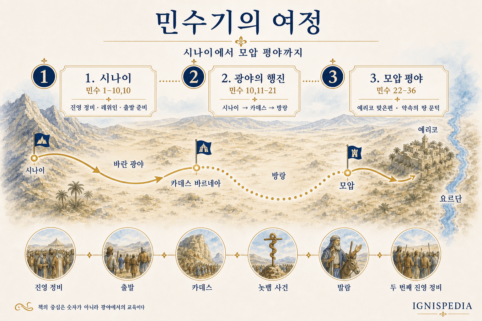 민수기에서 시나이에서 모압 평야까지의 여정을 보여주는 인포그래픽 지도