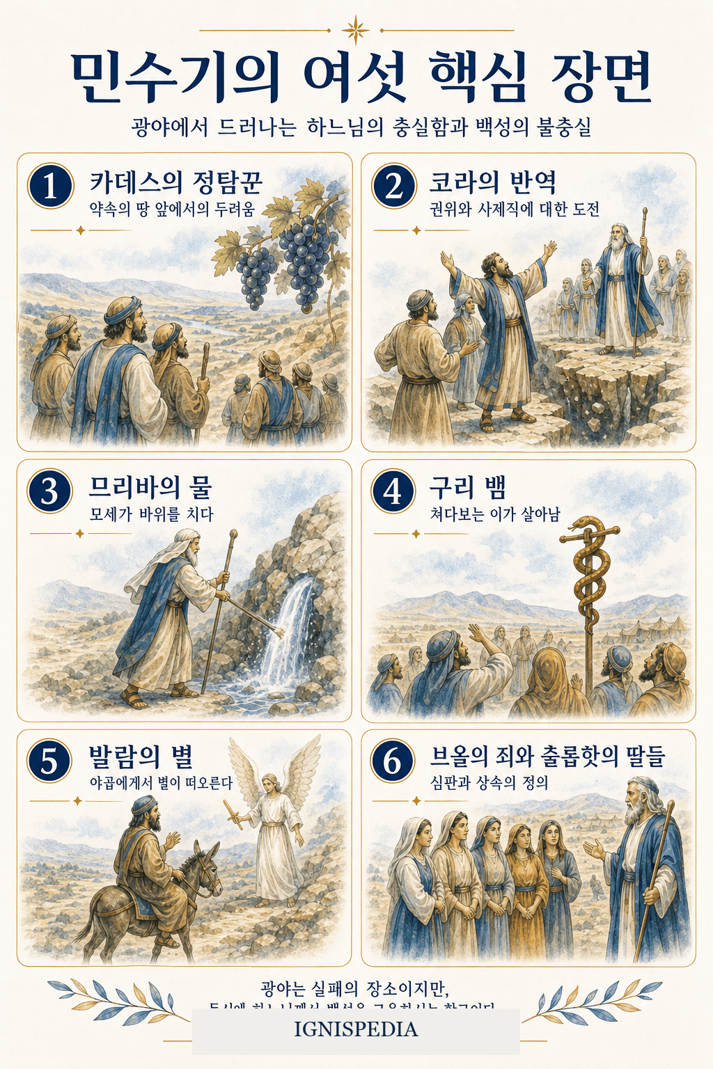 민수기 여섯 가지 핵심 에피소드 인포그래픽
