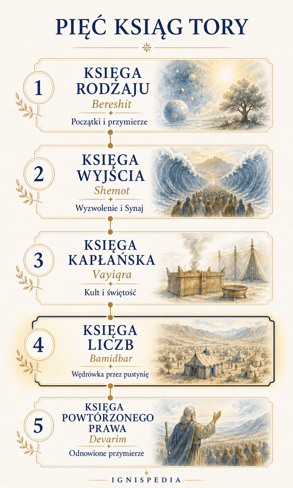 Infografika pięciu ksiąg Tory z wyróżnioną Księgą Liczb