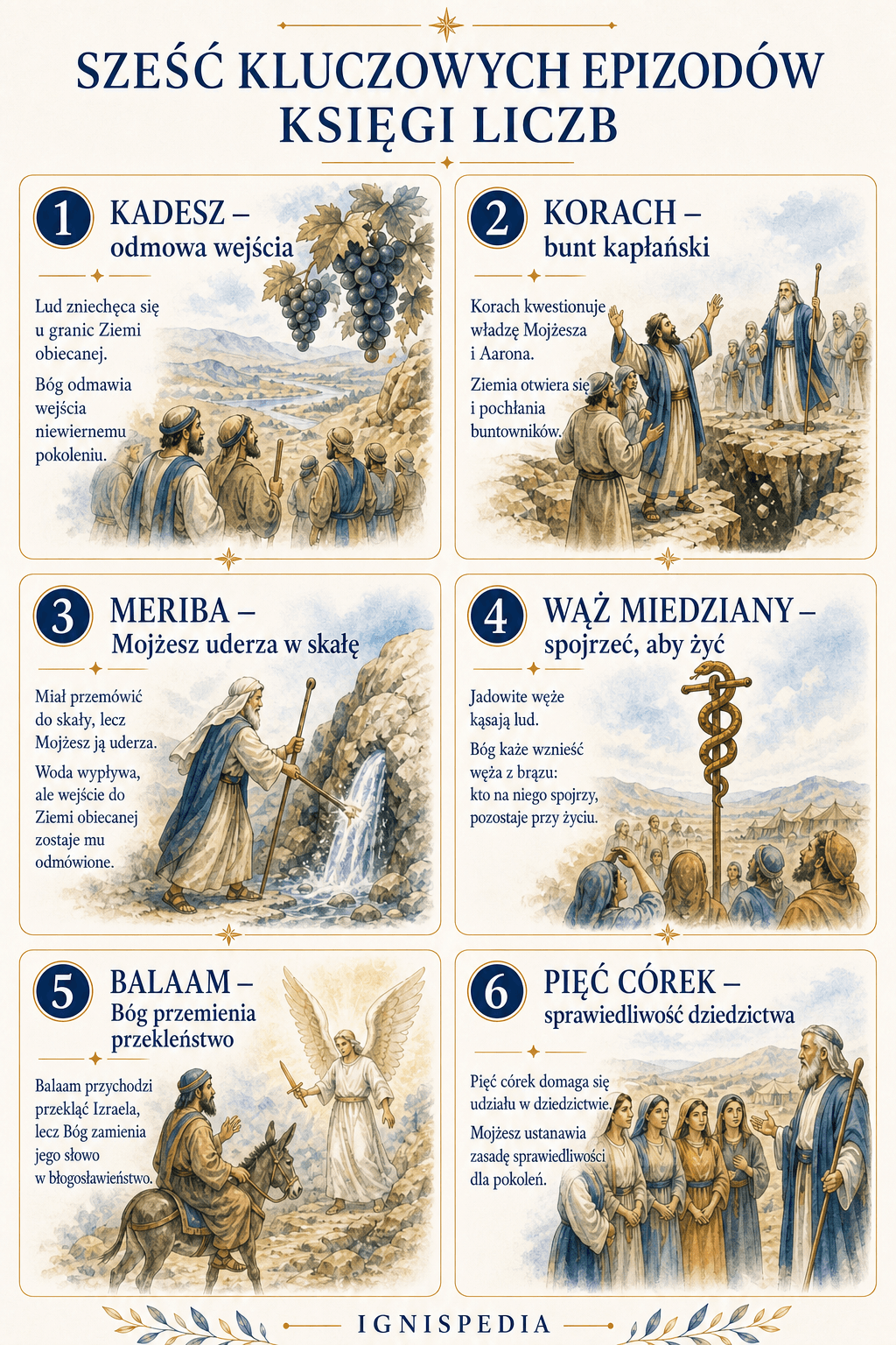 Infografika sześciu kluczowych epizodów Księgi Liczb