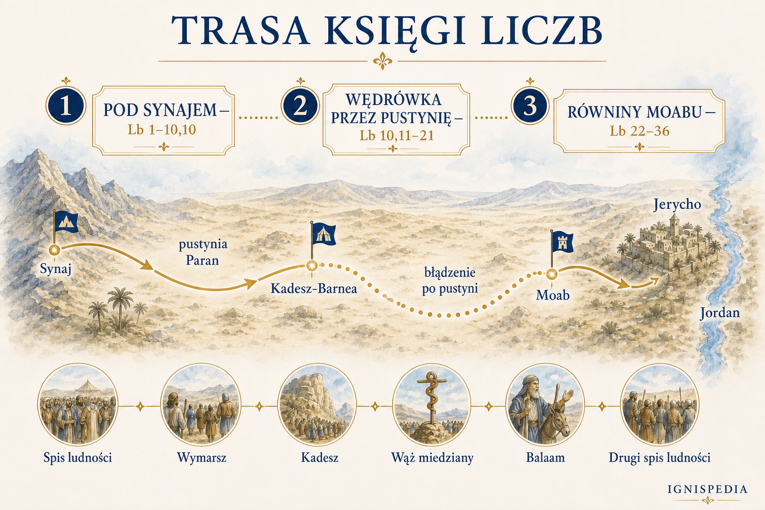 Infograficzna mapa szlaku Księgi Liczb od Synaju do równin Moabu