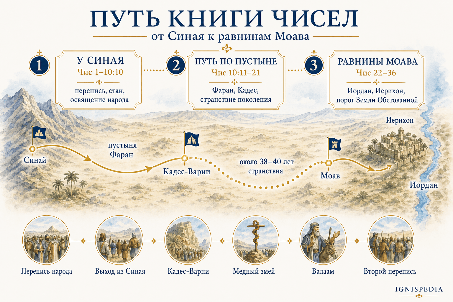 Инфографическая карта маршрута книги Чисел от Синая до равнин Моава