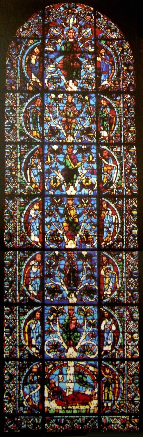Árbol de Jesé, vidriera de la fachada occidental de la catedral de Chartres, hacia 1150