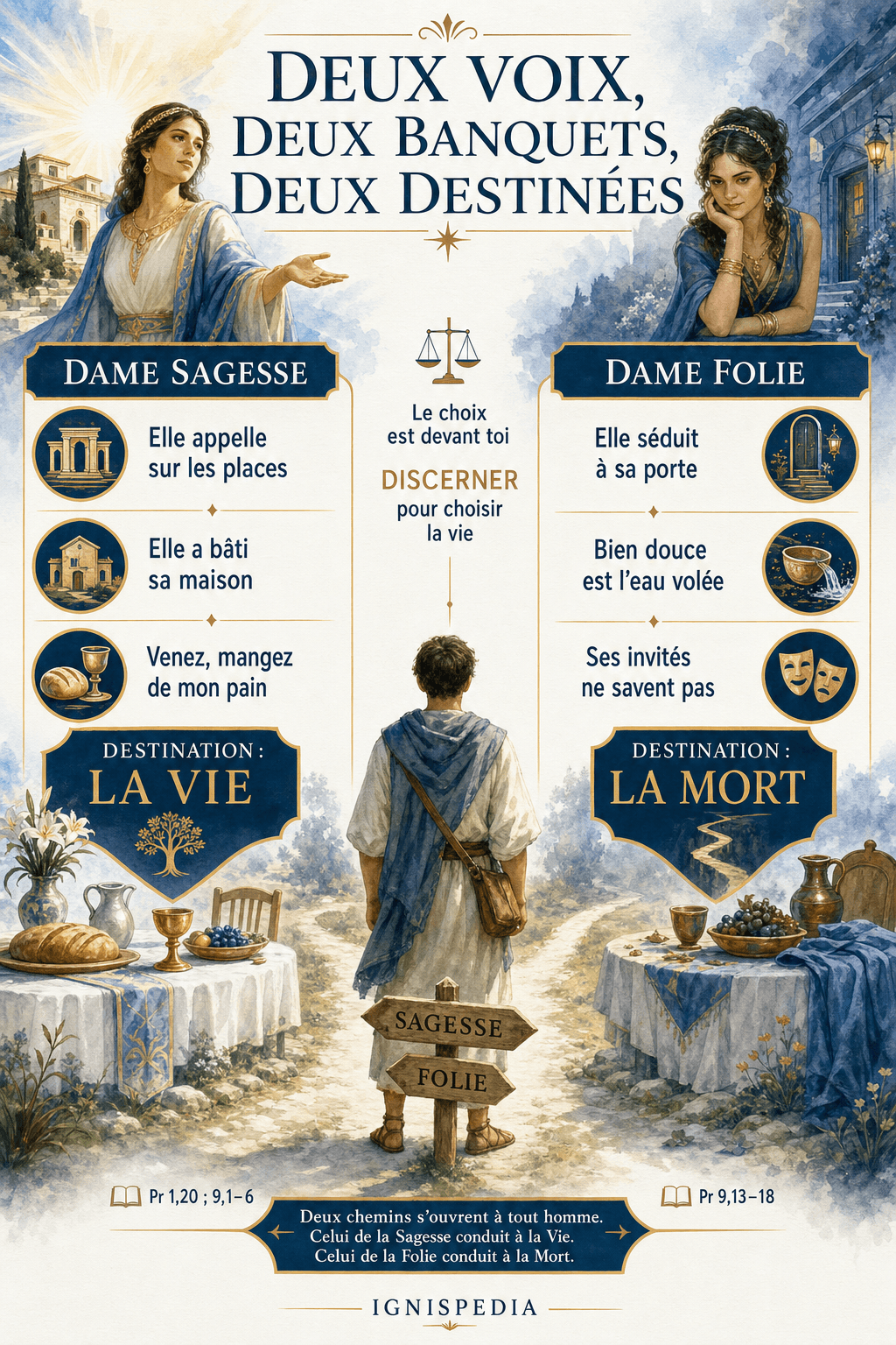 Infographie comparant Dame Sagesse et Dame Folie, leurs deux banquets et leurs deux destinées dans Proverbes 9