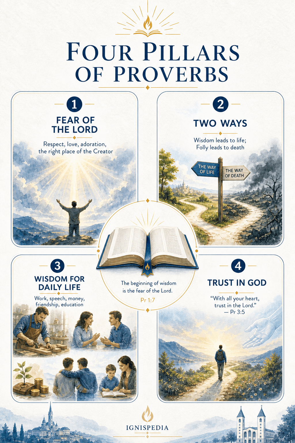 Infographic of the major themes of Proverbs: fear of the Lord, the two ways, everyday wisdom, trust in God