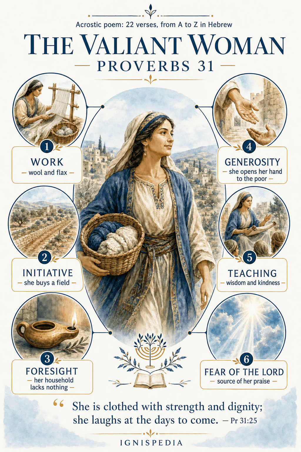 Infographic of the valiant woman of Proverbs 31: work, initiative, foresight, generosity, teaching, and fear of the Lord