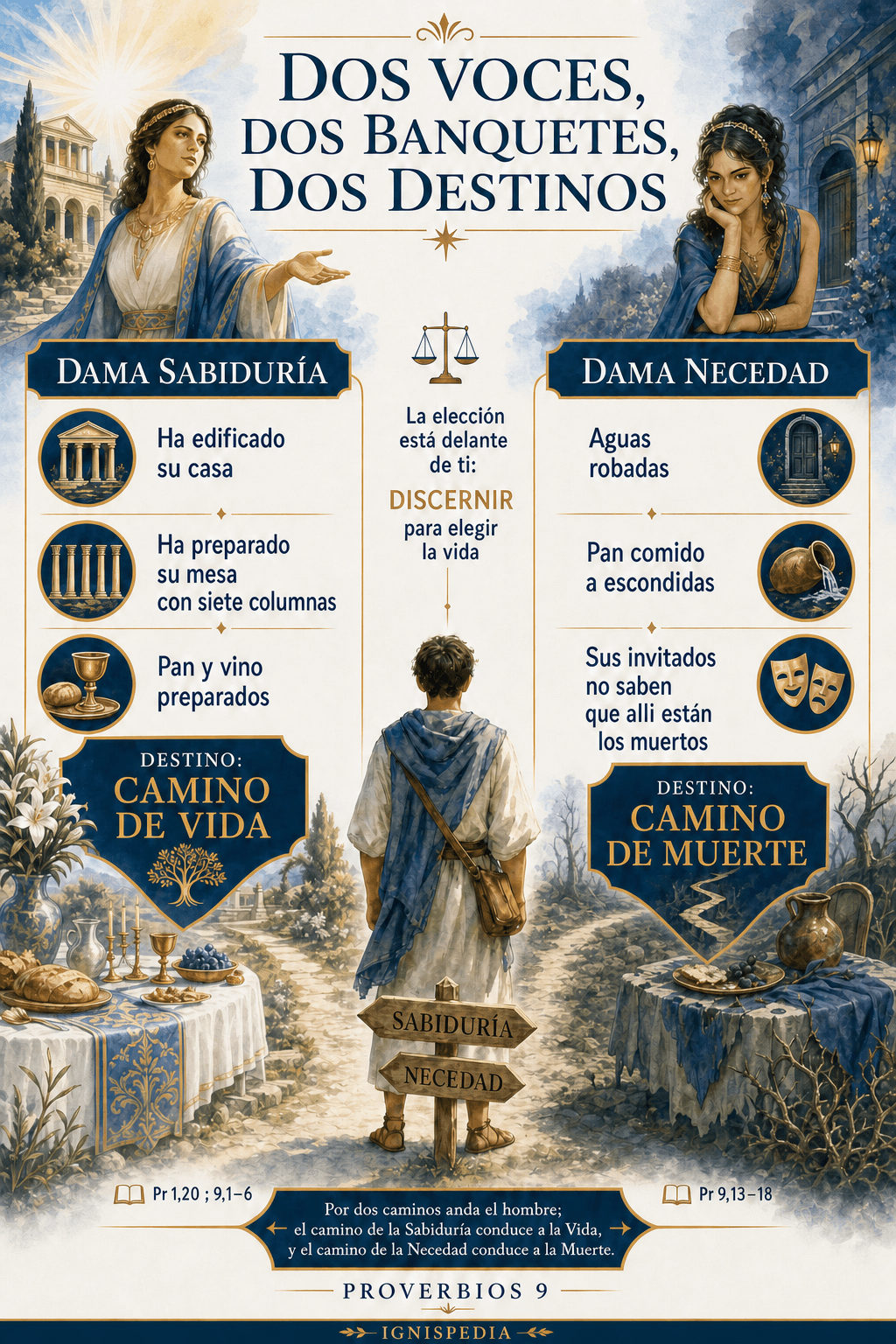 Infografía comparando a Señora Sabiduría y Señora Locura, sus dos banquetes y sus dos destinos en Proverbios 9