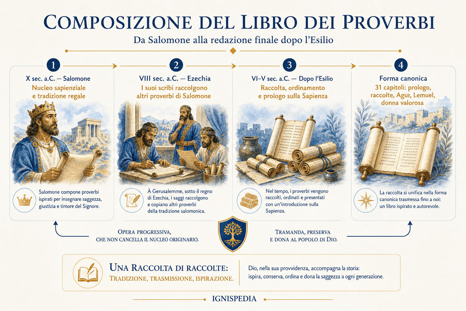 Infografica cronologica della composizione dei Proverbi, da Salomone agli uomini di Ezechia fino all’edizione post-esilica