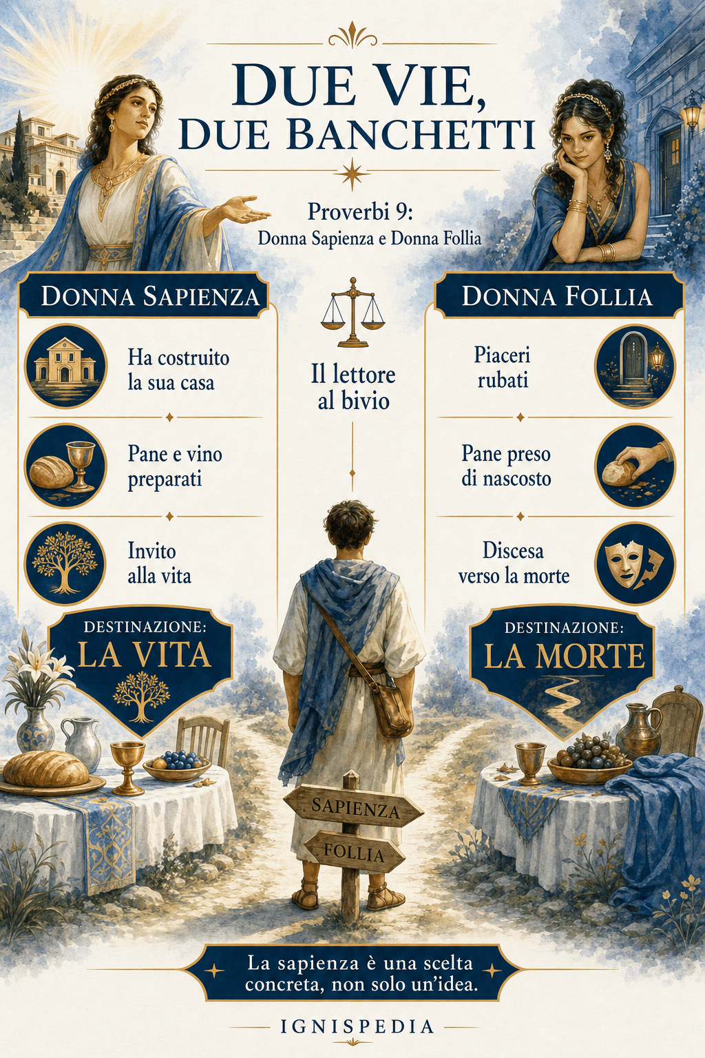 Infografica che confronta Donna Sapienza e Donna Follia, i loro due banchetti e i loro due destini in Proverbi 9