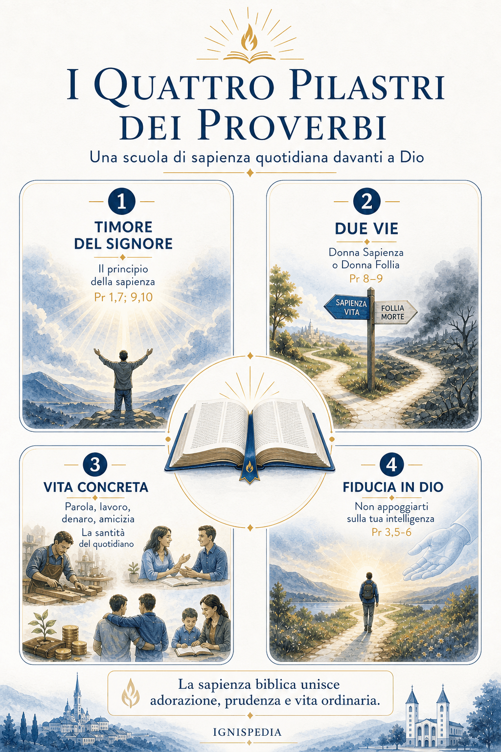 Infografica dei grandi temi dei Proverbi: il timore del Signore, le due vie, la sapienza del quotidiano, la fiducia in Dio