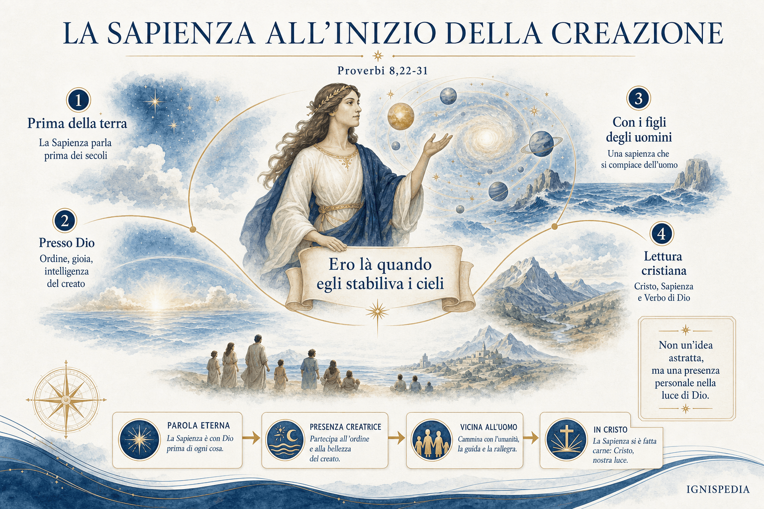Infografica: la Sapienza personificata presente accanto a Dio alla creazione del mondo, secondo Proverbi 8
