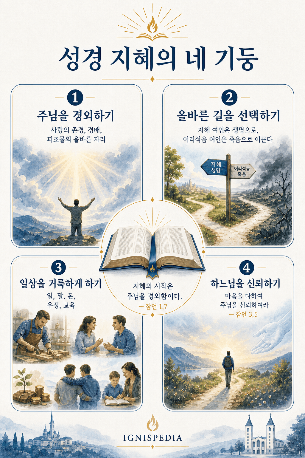 잠언의 주요 주제 인포그래픽: 주님을 경외함, 두 길, 일상적 지혜, 하느님에 대한 신뢰