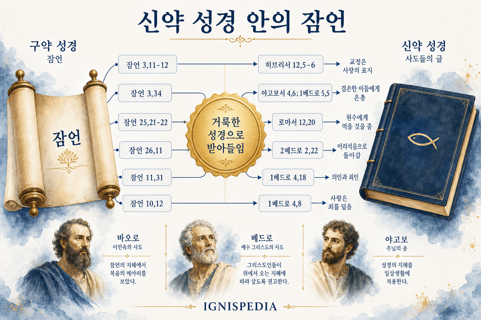 신약 성경에서 잠언이 여섯 번 주요하게 인용된 인포그래픽