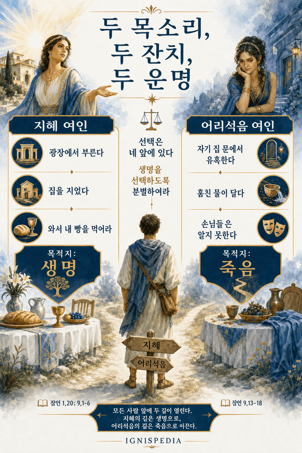 잠언 9장에서 지혜의 여인과 어리석음의 여인, 두 잔치와 두 운명을 비교한 인포그래픽