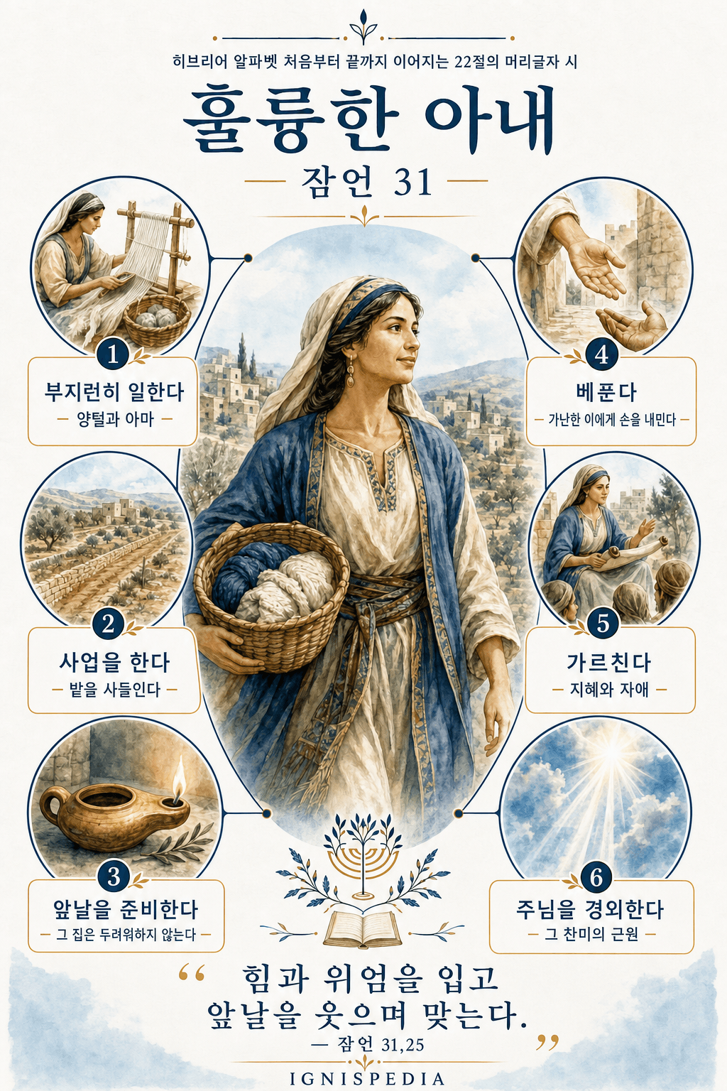 잠언 31장의 훌륭한 아내 인포그래픽: 일, 주도성, 예견, 관대함, 가르침, 주님을 경외함