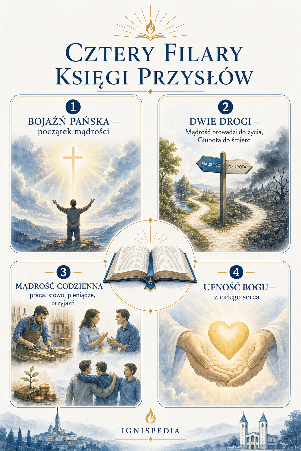 Infografika głównych tematów Księgi Przysłów: bojaźń Pańska, dwie drogi, mądrość codzienna, zaufanie Bogu