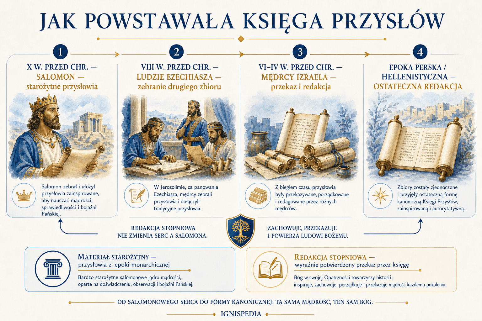 Chronologiczna infografika powstawania Księgi Przysłów, od Salomona przez ludzi Ezechiasza aż do redakcji po wygnaniu